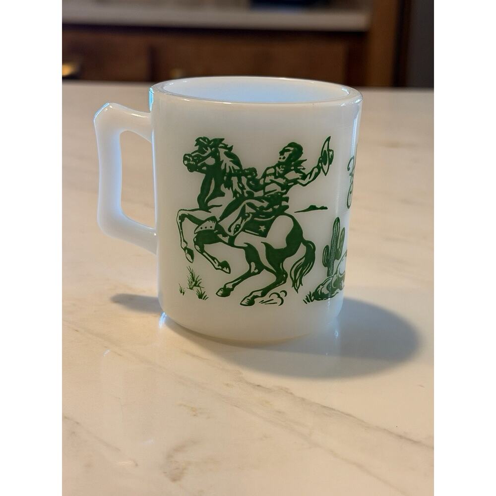 Hazel Atlas Vtg 1950s green Hopalong Cassidy Childs Milk Mug Cup White Glass